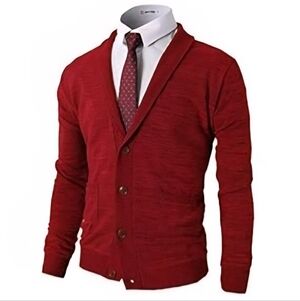 Men's Red Button-Front Shawl Cardigan Sweater